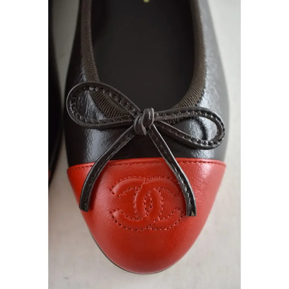 Chanel 26S Dark Brown Red Leather CC Logo Cap Classic Ballet Ballerina Flat 39 - Picture 9 of 16